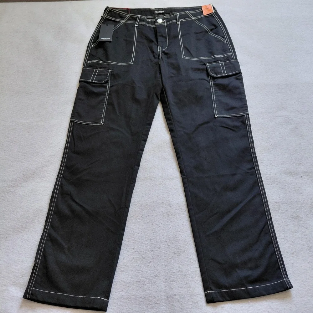 True Religion Mens Bobby Baggy Cargo Pants Size 34 Jet Black Contrast Stitch NWT